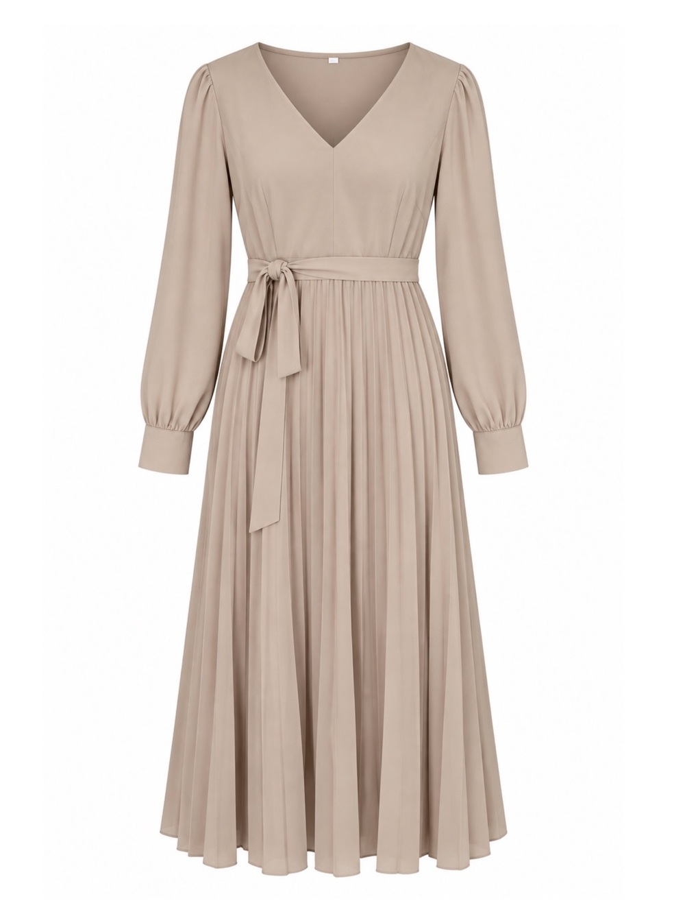 V-Neck Pleated Midi Dress with Self-Tie Waist in Beige
